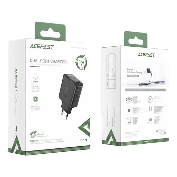 Laddare - ACEFAST - 32 W - USB Typ C - Snabbladdning - Kompakt design - Svart