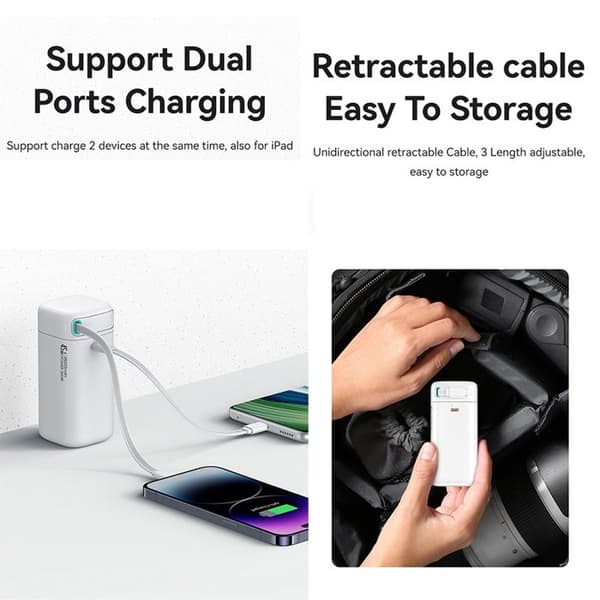 USB-C PD45W extern batteri 18 000 mAh med Lightning-kabel - Usams (US-CD217) - Vit