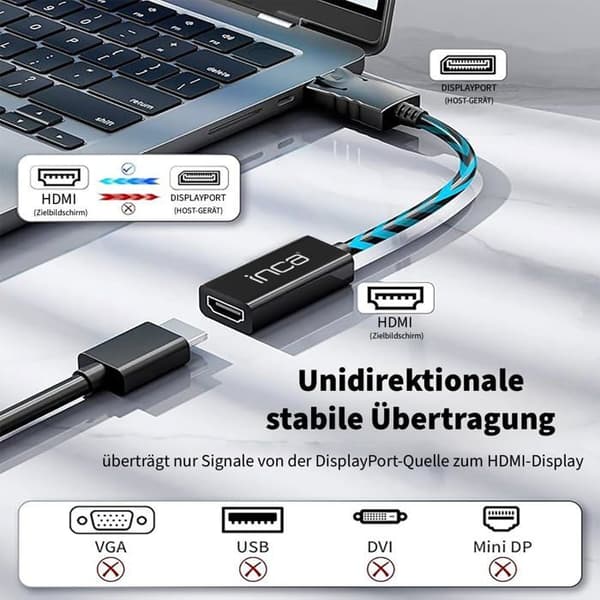 DisplayPort 4K-adapter - İnca - IDTH-05 - HDMI - 20 cm - Svart