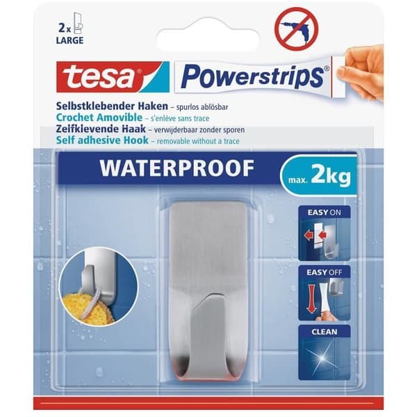 TESA 1 rektangulär krok - Metall + 2 Powerstrips krokar - vattentät