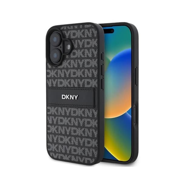 Coque för iPhone 16 Plus Serie Repeat Pattern Tonal Stripe med Metalliskt DKNY-logotyp Svart