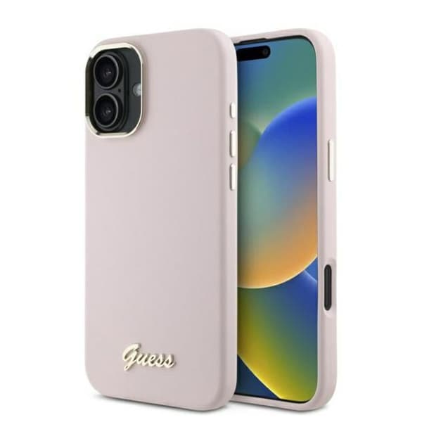 Guess Silikonfodral med Metallogotyp och Ram för iPhone 16 Plus - Rosa