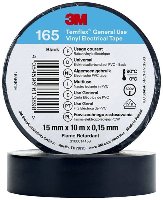 Elastiskt eltejp - 3M - 165BK1E - PVC - 10 m - Svart