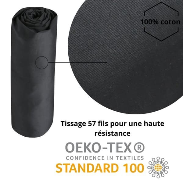 Drap housse percale av bomull - Stof - 140x200 cm - Stort gummiband 30 cm - Antracit - Modell Elysée - 100% bomull