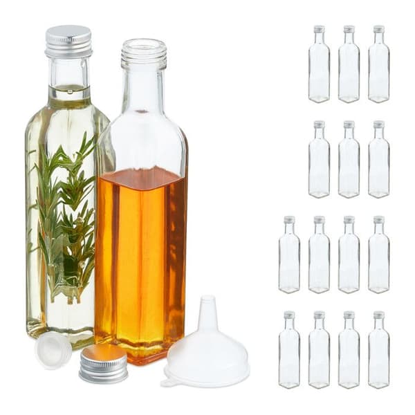 Relaxdays Små glasflaskor, set med 16, flaskor för sprit, oljor, 250 ml, skruvkork, transparent
