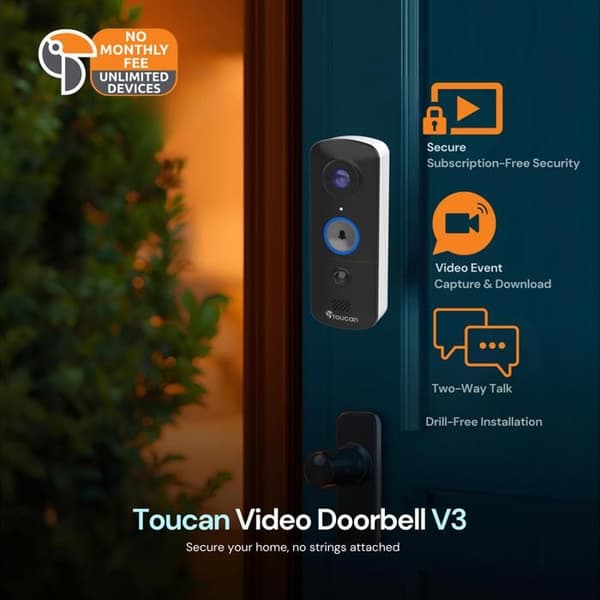 Trådlös videodörrklocka TOUCAN V3 – Smart säkerhet utan abonnemang