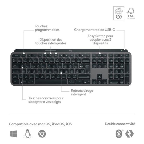 Trådlöst tangentbord Azerty Logitech MX Keys S Plus Svart