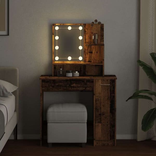 Coiffeuse med LED gammalt trä 86,5x35x136 cm
