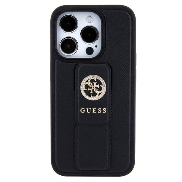 Guess Grip Stand 4G Saffiano Strass-skal för iPhone 15 Pro Max - Svart