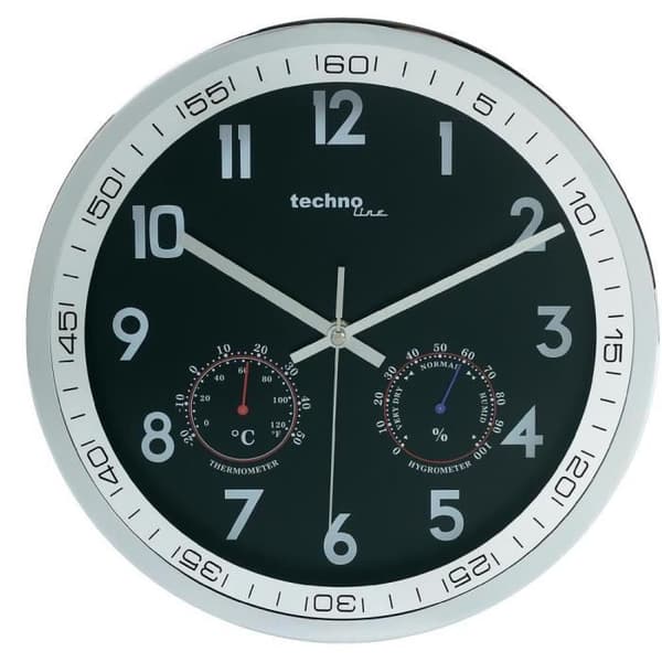 Termo-hygrometer kvarts väggklocka - TECHNO LINE - Svart/Silver - Batteridriven