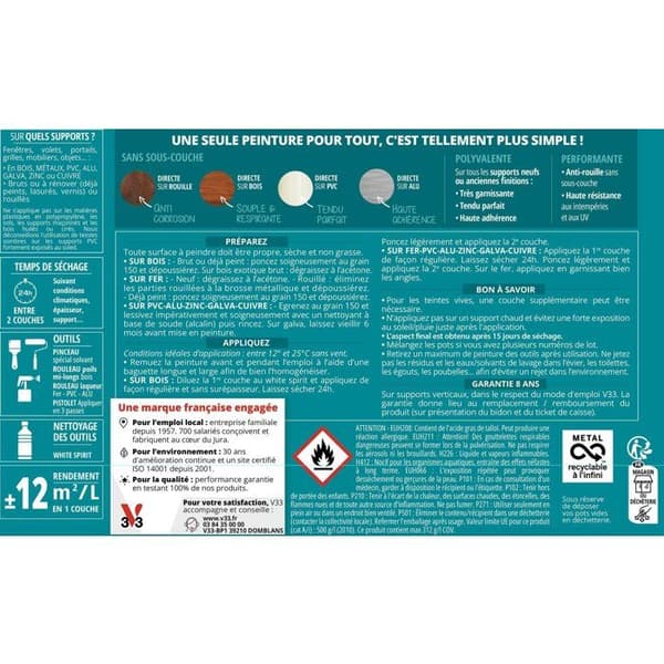 Utomhusfärg Multi-material - Vit RAL 9016 - Satin - V33 - 0,5L