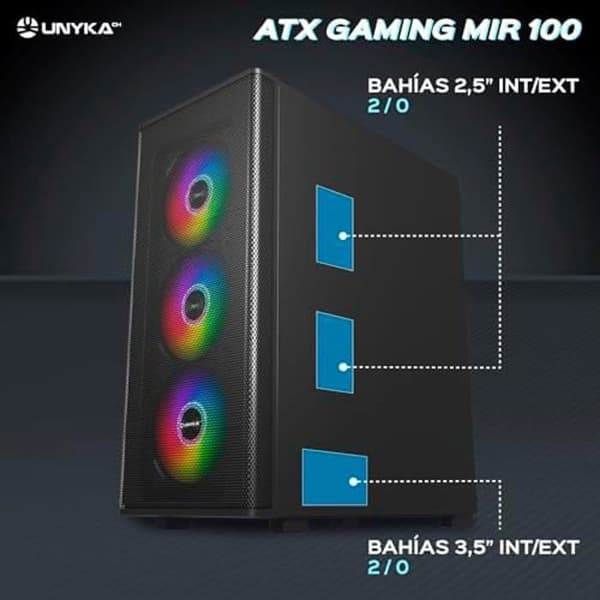 ATX-datorlåda - UNYKACH - Mir 100 - 4 ARGB-fläktar - 1 USB 2.0 - 3 USB 3.0