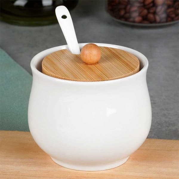 Keramiksockerbehållare - VILDE - 250 ml - Lock i bambu - 9x9 cm - Vit - Sked ingår - Minimalistisk design