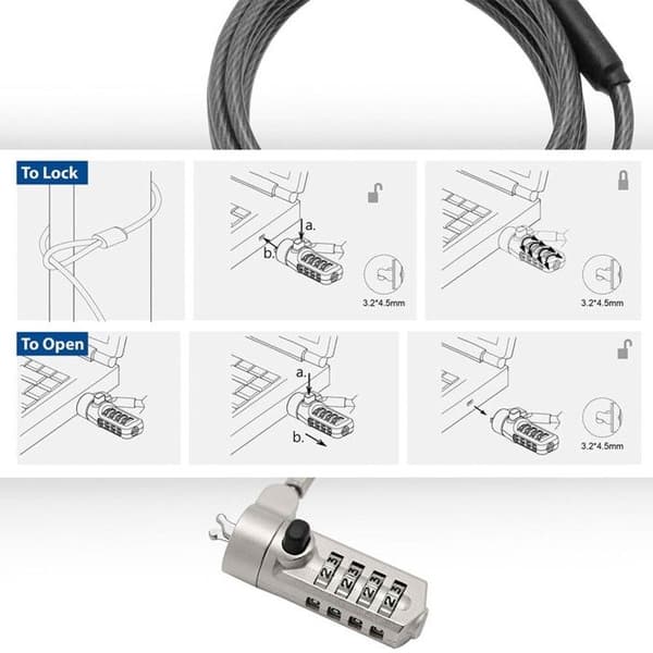 Säkerhetskabel - EWENT - EW1243 - 1,5 m - Svart - Lås med 4 siffror
