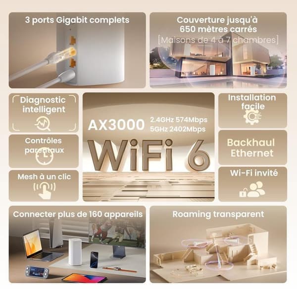 Mesh WiFi-system - TENDA - Nova MX12 - WiFi 6 AX3000 - 3 Noder - Täckning 330 m²