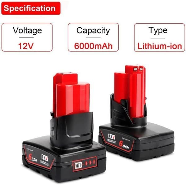 Li-ion-batteri - POWAROBOR - M12B6 - 12V - 6.0Ah - Pack 2 med LED-indikator