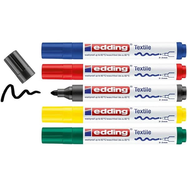 Textilmarkers - Edding - 4500 Basic - Set med 5 - Rund spets 2-3 mm - Tvättbar 60°C