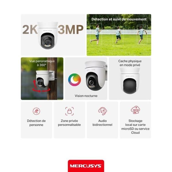Wi-Fi utomhus säkerhetskamera - MERCUSYS - MC510 - 2K 3MP - 360° vy - Färg nattsyn