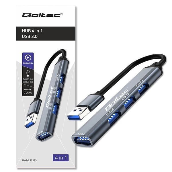 Hub Qoltec - 53793 - USB-adapter HUB USB 3.0 4 i 1 | USB 3.0 | 3x USB 2.0