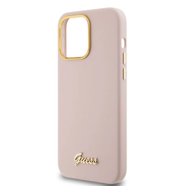 Guess Silicone Script-logotyp och metallram - Fodral för iPhone 15 Pro Max (rosa)