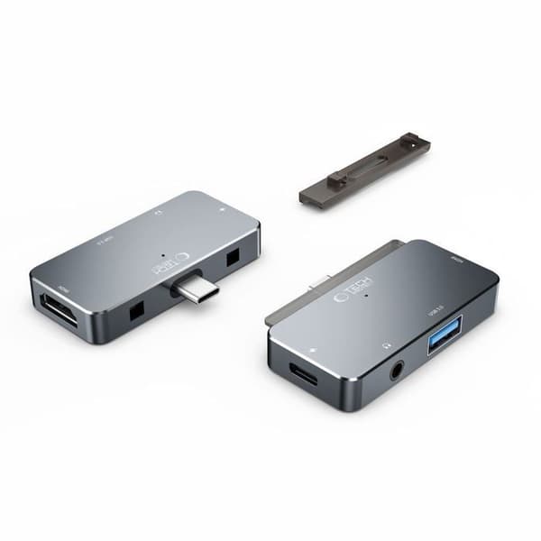 Adaptator Hub Tech-Protect V6 4 i 1 - USB-C, HDMI, 2 USB 3.0 - Aluminium Grå - Plug & Play
