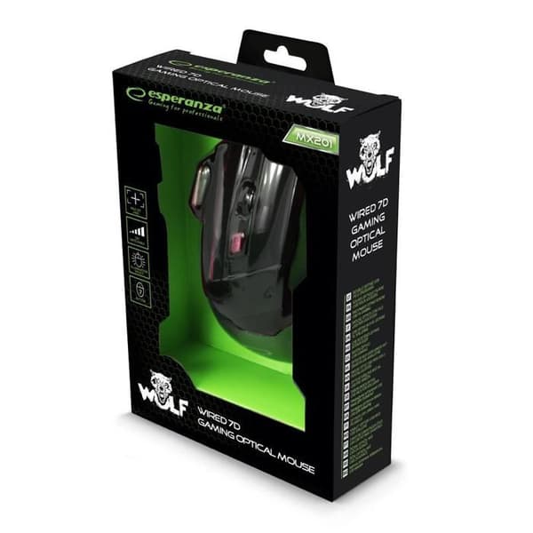 ESPERANZA MX201 WOLF Mouse - Optisk 2400 dpi - 7 knappar - USB-kabel - Röd