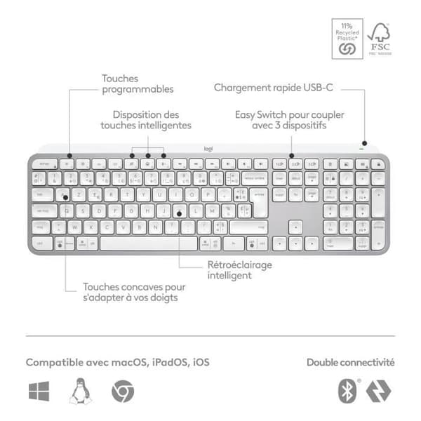 Tangentbord - Trådlöst - Logitech - MX Keys S - AZERTY - Ljusgrå