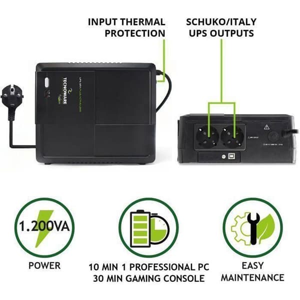 Ondulator - Tecnoware - UPS ERA PLUS ACTIVE 1200 - 1200VA - Skydd för PC, Mac, Spelkonsol - AVR Plus