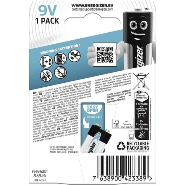 Energizer Max Plus Pile 6LR61 (9V) alkaliska 9 V 1 st