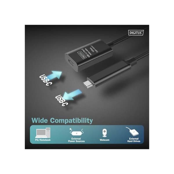 Aktiv USB förlängningskabel - DIGITUS - USB-C hon till USB-C hane - 5 m - 10 Gbit/s - Plug & Play