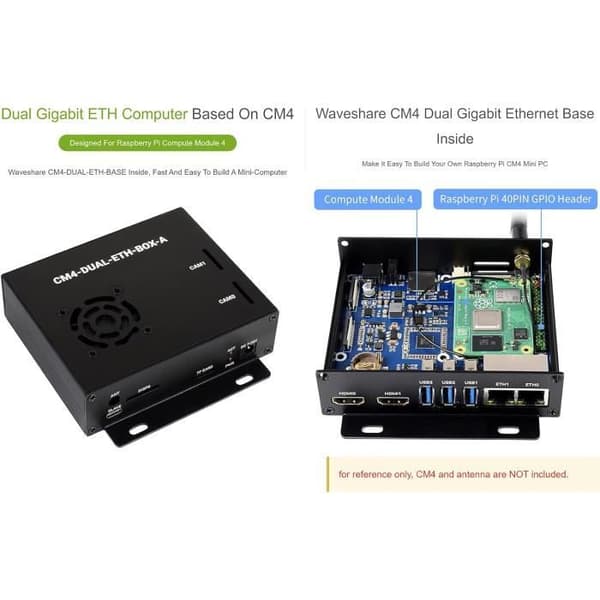 Mini PC - WAVESHARE - CM4-DUAL-ETH-BASE - Dubbel Gigabit Ethernet - Metallfodral - Fläkt Inkluderad