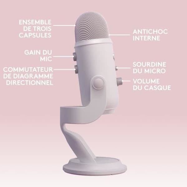 Mikrofon gamer - Trådad - Logitech G - Blå Yeti - USB - Vit