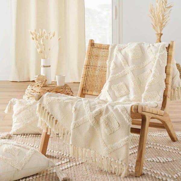 Franspläd 125 x 150 cm – Vävt i bomull/polyester med texturerad Inca
