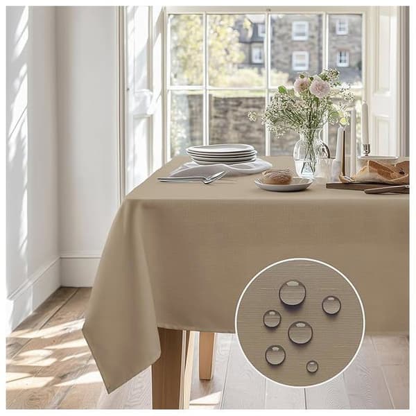 DECONOVO Rektangulär duk 140x300 cm linneeffekt Taupe – Vattentät 100% Polyester