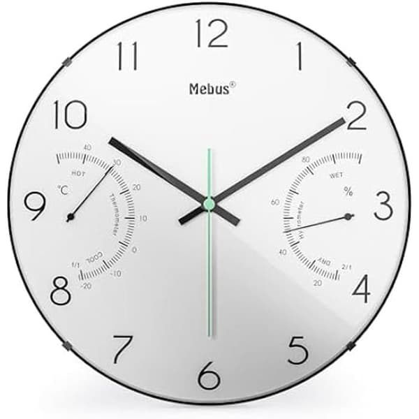 Väggklocka - MEBUS - 16106 - Vit urtavla - Termometer - Hygrometer - 30 cm