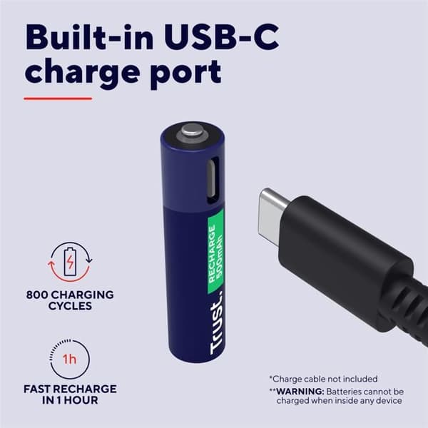 25585 Pack med 2 uppladdningsbara USB-C Trust AAA-batterier - 500mAh (LR03)