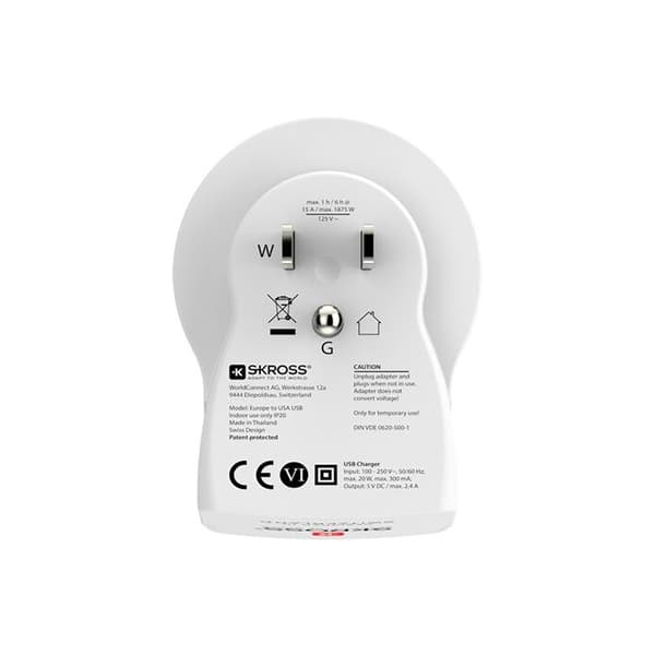 Adaptör - SKROSS - Europa till USA+ - 2 USB - Vit - Rektangulär