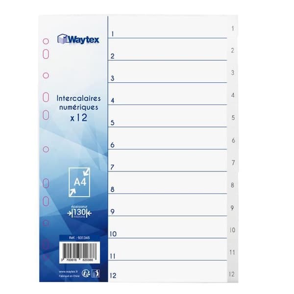 Avdelare - WAYTEX - A4 12 nycklar - Vit polypropen - Tryckta siffror