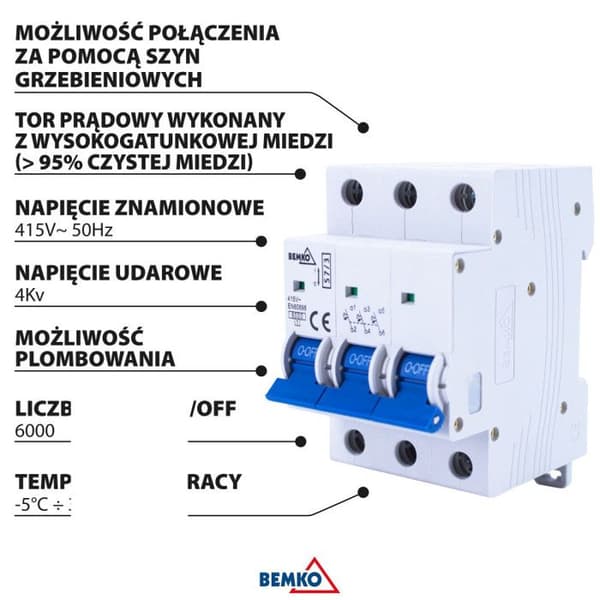 Modulär säkring 3P - BEMKO - 50A - Kurva B - 4kV - IP20