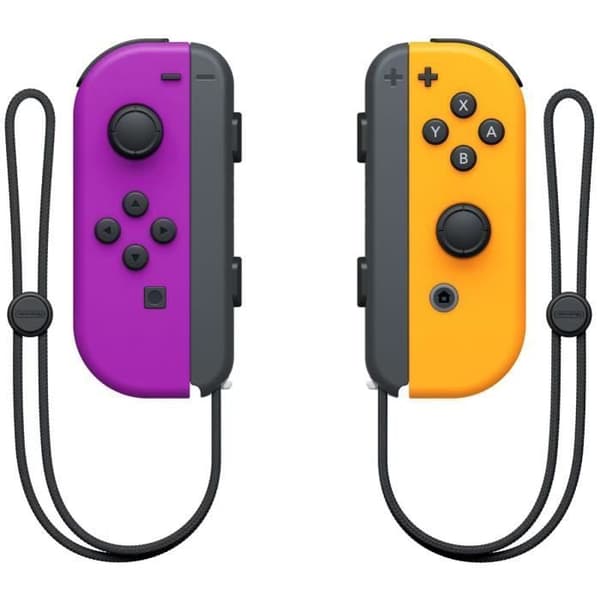 Ett par Neon Purple & Neon Orange Joy-Con-kontroller för Nintendo Switch