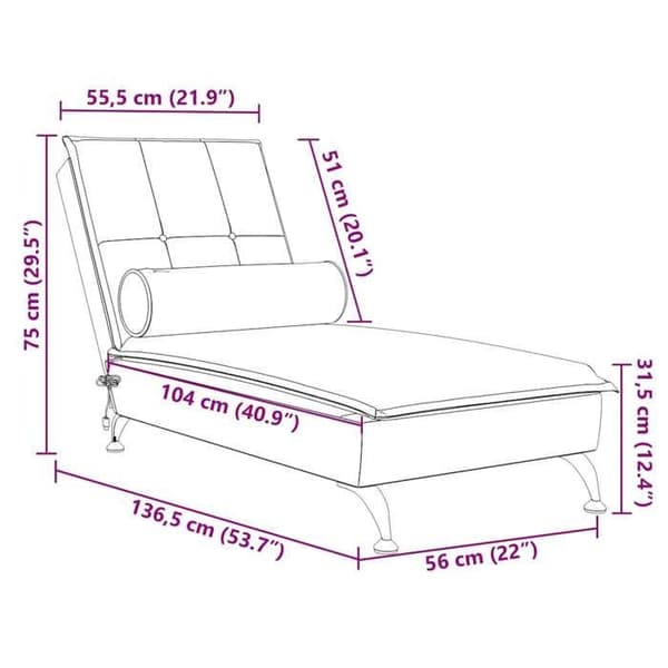 vidaXL Bäddsoffa med massagedyna i vinröd sammet, lång soffstol, vilstol för sovrum, 379454