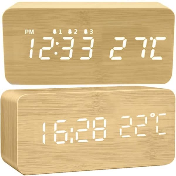 Digital väckarklocka - RETOO - LED-trämodell - LED-display - Temperatur & Datum - USB-laddning