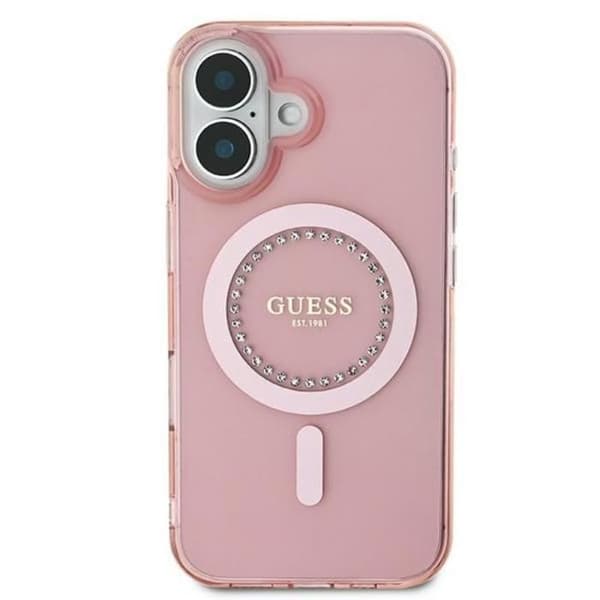 Coque Guess IML Strass MagSafe för iPhone 16 Plus (Rosa)