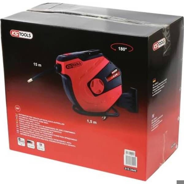 Slangsrulle - KS TOOLS - Väggmonterad - 15m - 3/8 tum - 180° vridbart stöd