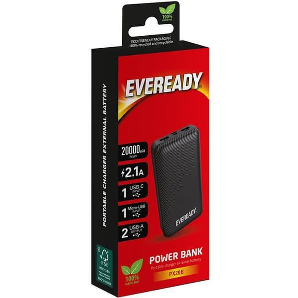 Batteri Externa - ENERGIZER - EVEREADY PX20B - 20000 mAh - USB-A/Micro-USB - Svart