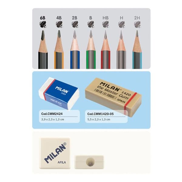 Kritor grafit - Sortiment av stift 2H, H, HB, B, 2B, 4B, 6B + 2 suddgummin - Milan