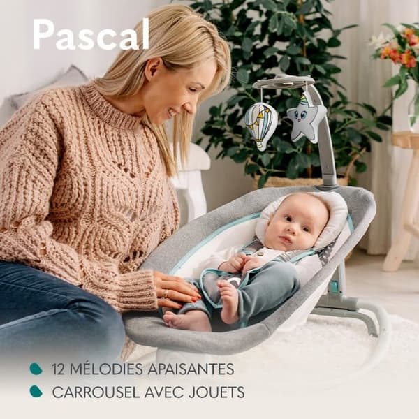 Balansäng Transat LIONELO Pascal - 12 melodier - Vibrationer - Kompakt hopfällning - Grå - Blå
