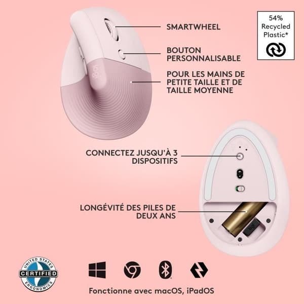 Mus - Trådlös - Logitech - Vertikal Ergonomisk Lyft - Rosa - Högerhänt