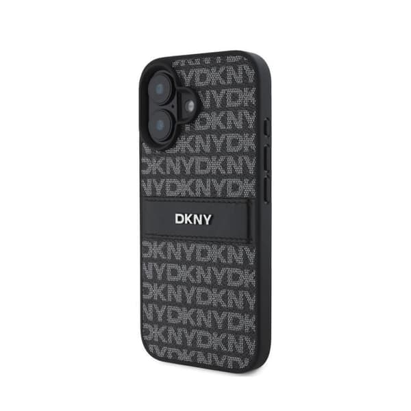 Coque för iPhone 16 Plus Serie Repeat Pattern Tonal Stripe med Metalliskt DKNY-logotyp Svart