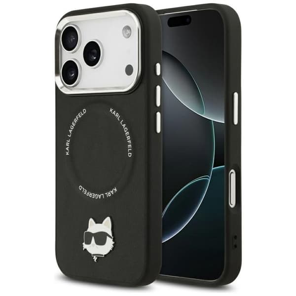 Coque Karl Lagerfeld Läder Choupette Pin MagSafe för iPhone 17 Pro - Svart